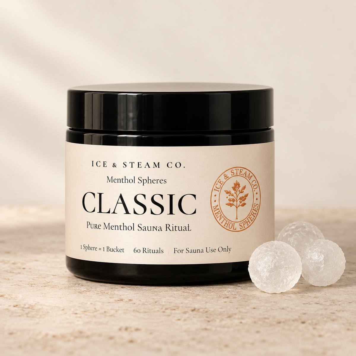 ICE & STEAM CO. CLASSIC Menthol Spheres black PET jar with cream label, 60 rituals