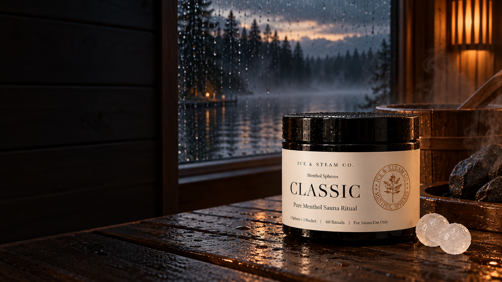 ICE & STEAM CO. CLASSIC Menthol Spheres in a Nordic lakeside sauna