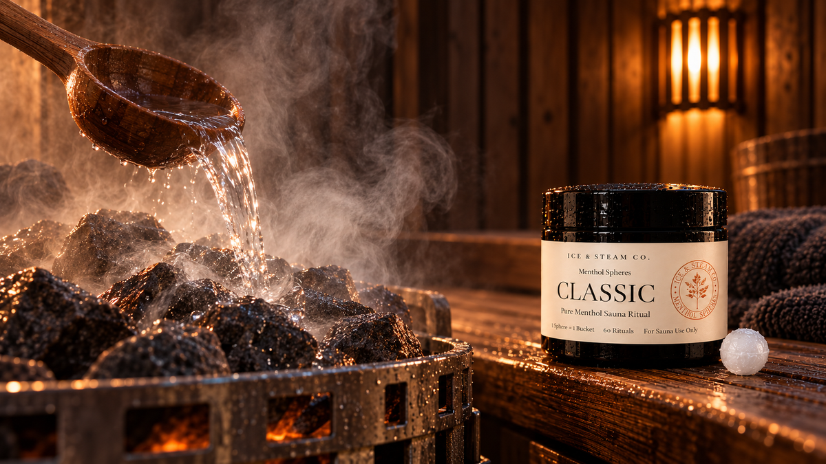 Menthol-infused water poured onto hot sauna stones beside the CLASSIC jar