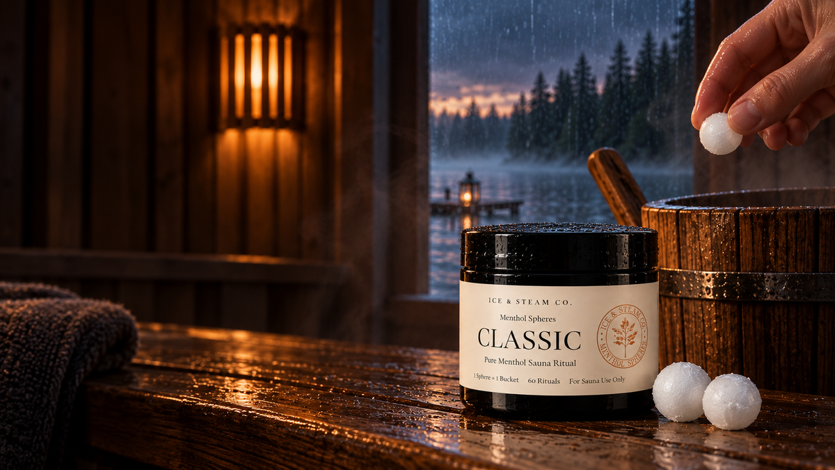ICE & STEAM CO. CLASSIC Menthol Spheres in a rainy Nordic lakeside sauna