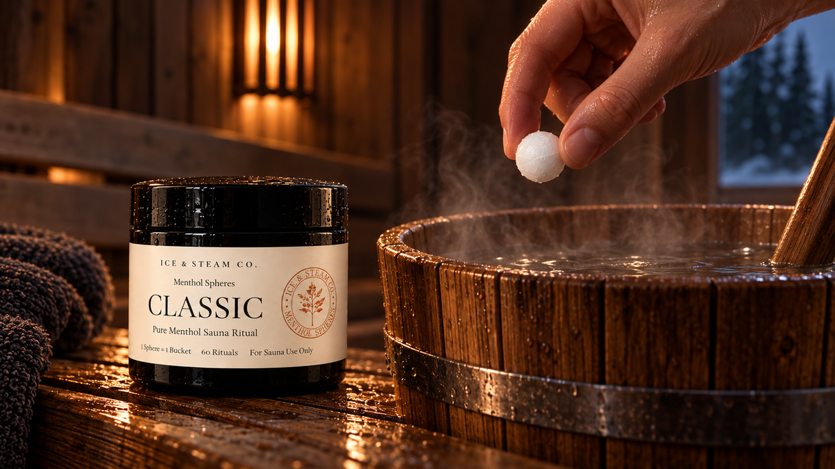One Menthol Sphere held above a wooden sauna water bucket beside the CLASSIC jar